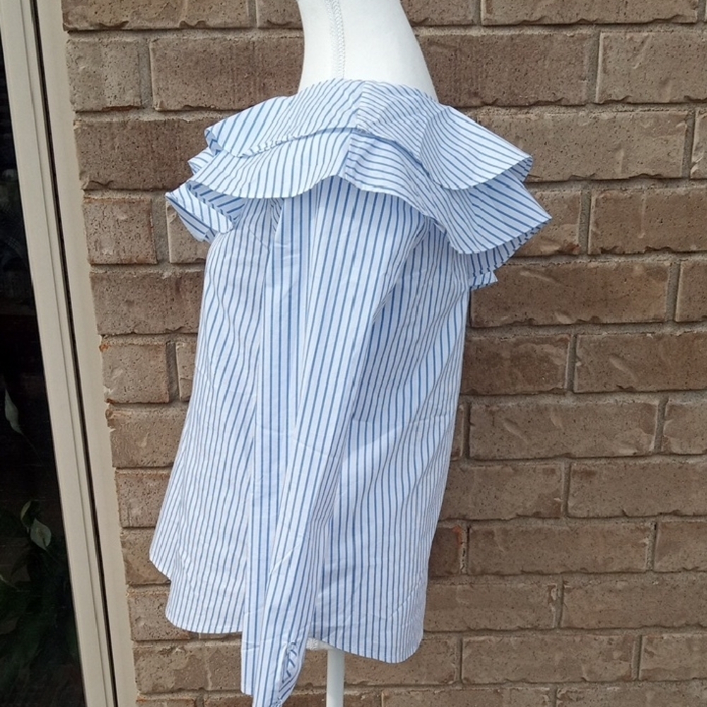 Calvin Klein Striped Off-Shoulder Ruffle Blouse - Picture 7 of 15